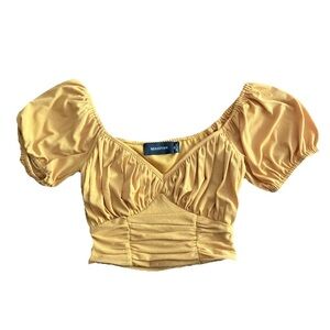 MINKPINK Top Women Mustard Yellow Crop Short Puff Sleeve Off Shoulder Smocked XS